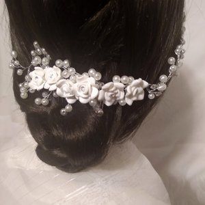 White Crystal Floral Beaded Bridal Hair Comb-Hair Jewelry-Bridal Hair Vine
